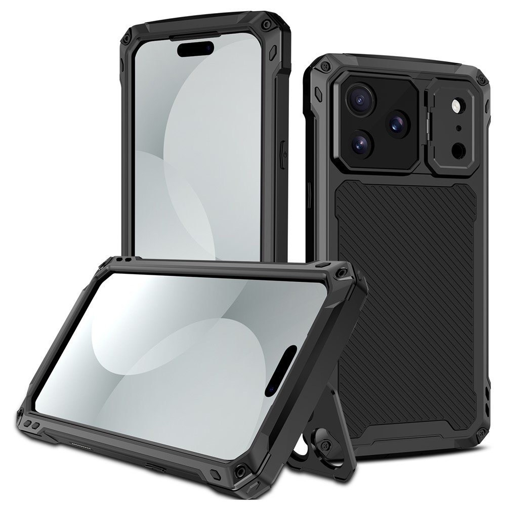For iPhone 17 Pro Max Case Aluminum Alloy + Silicone Lens Kickstand Phone Cover with Tempered Glass Film - Black