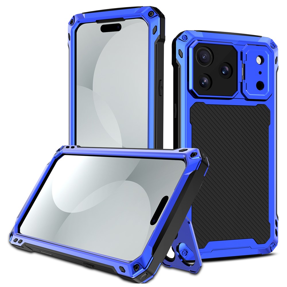For iPhone 17 Pro Case Aluminum Alloy + Silicone Lens Kickstand Phone Cover with Tempered Glass Film - Blue