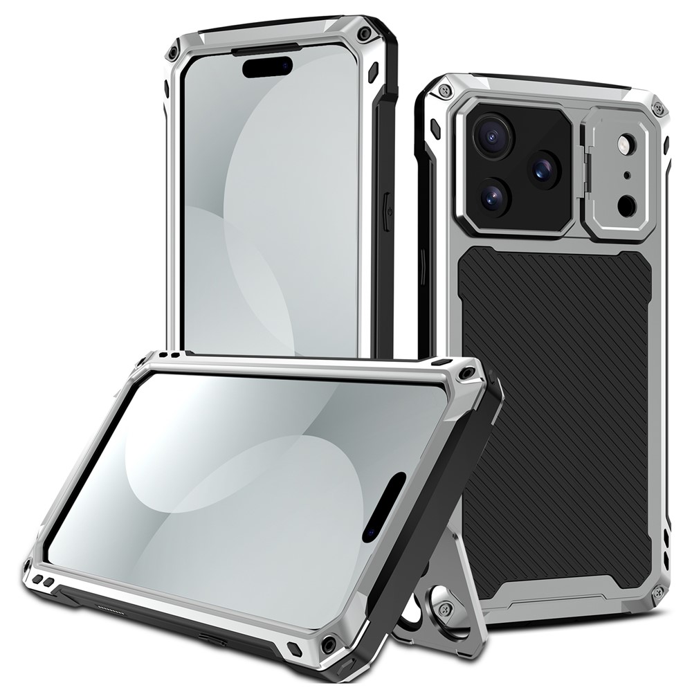 For iPhone 17 Pro Case Aluminum Alloy + Silicone Lens Kickstand Phone Cover with Tempered Glass Film - Silver