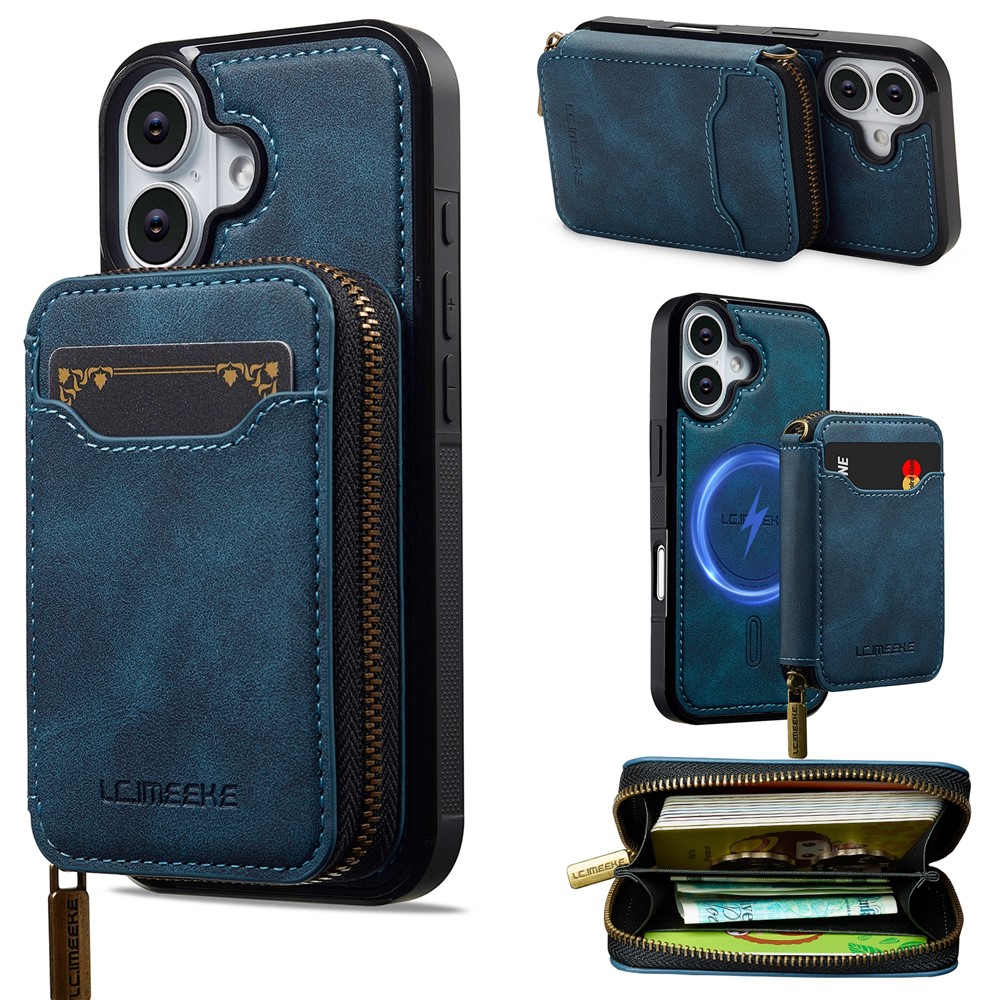 LC.IMEEKE L6 For iPhone 17 Magnetic Case Detachable Zipper Wallet Leather Coated PC + TPU Phone Cover - Blue