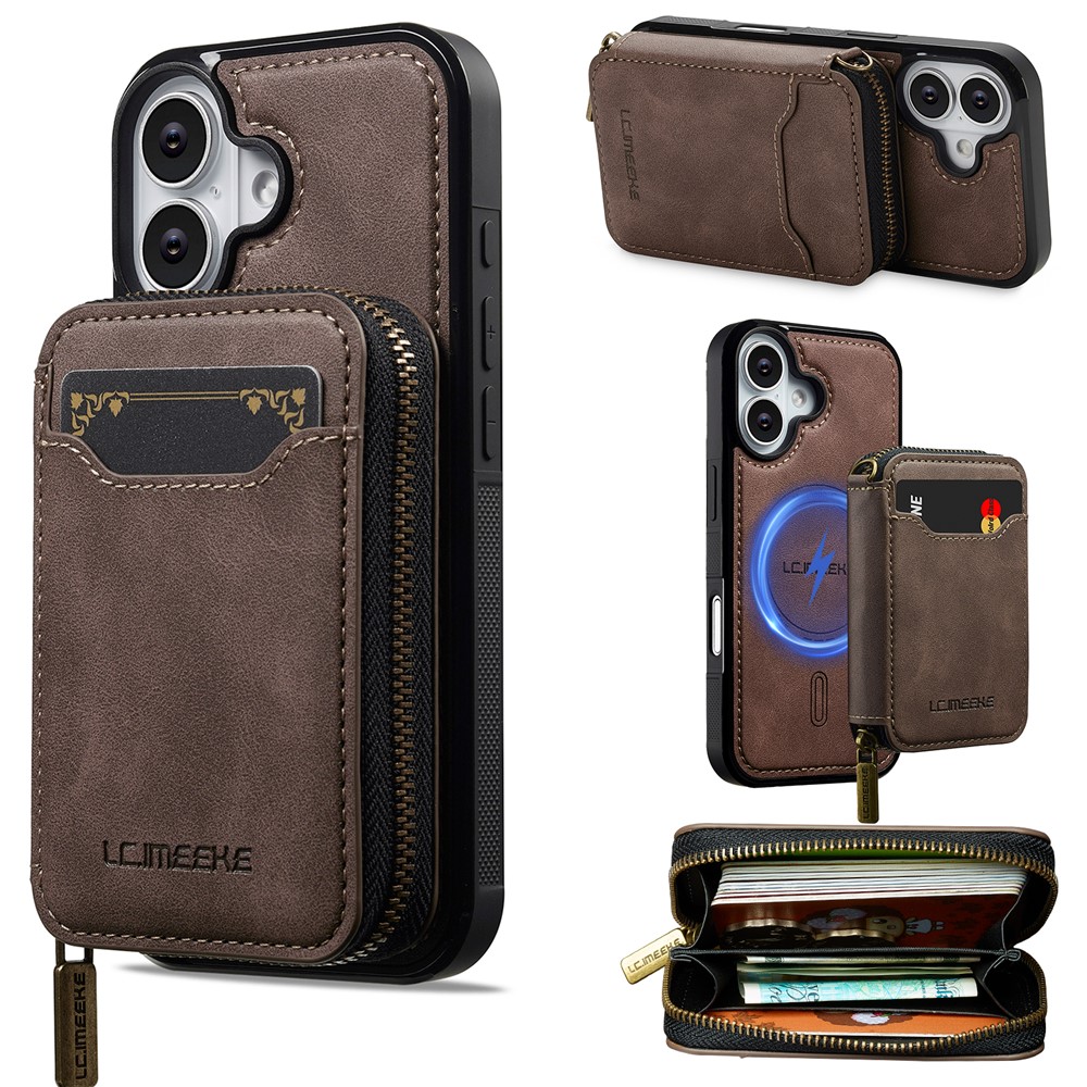 LC.IMEEKE L6 For iPhone 17 Magnetic Case Detachable Zipper Wallet Leather Coated PC + TPU Phone Cover - Coffee