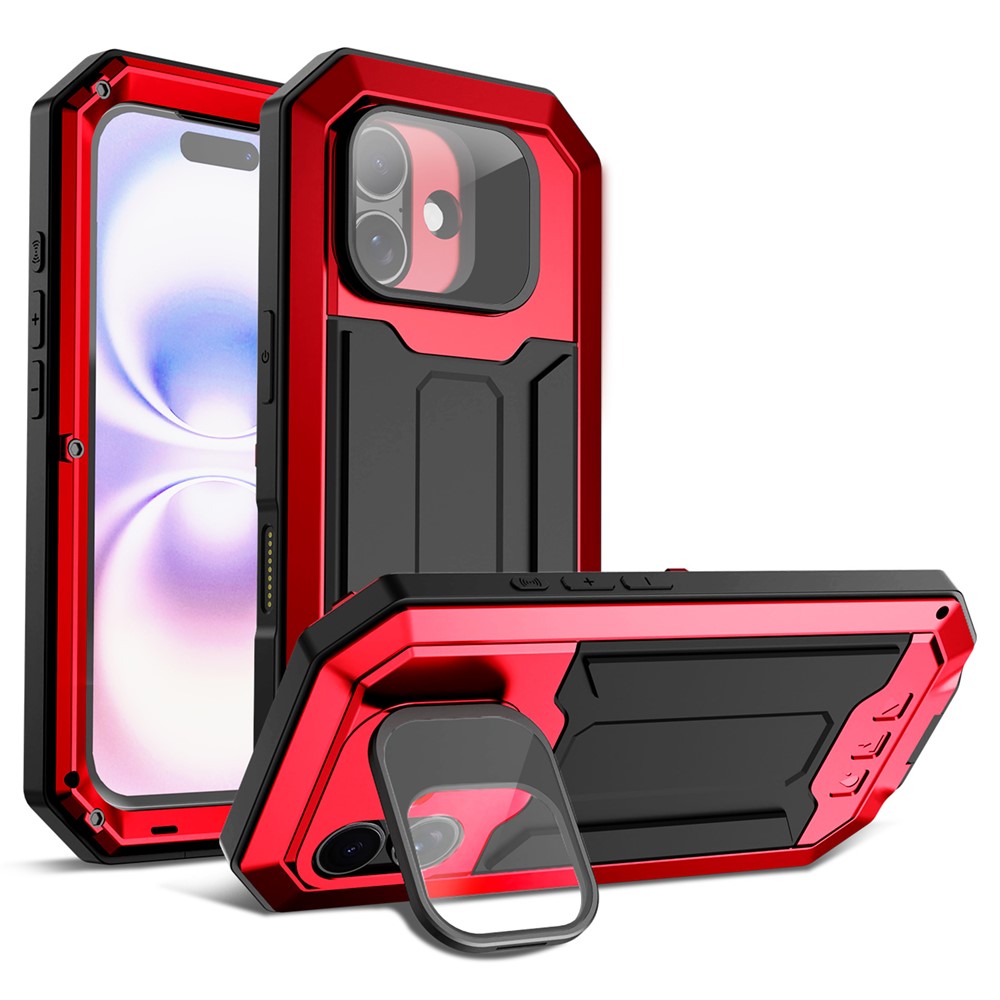 R-JUST For iPhone 17 Case PC + Silicone + Metal Back Cover with Tempered Glass Film - Red
