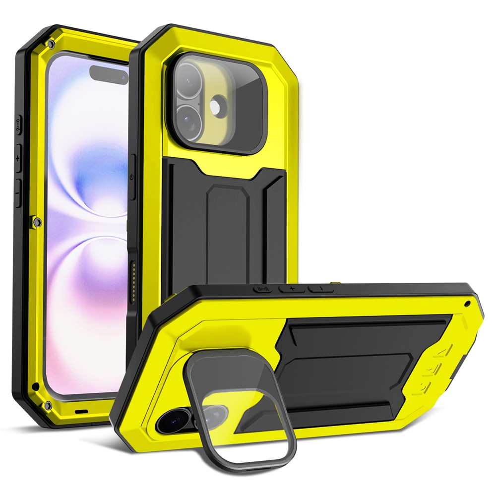 R-JUST For iPhone 17 Case PC + Silicone + Metal Back Cover with Tempered Glass Film - Yellow