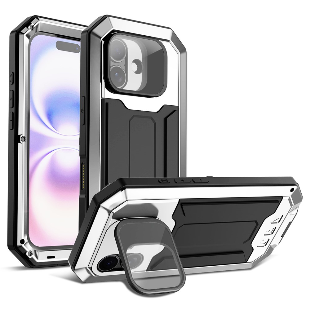 R-JUST For iPhone 17 Case PC + Silicone + Metal Back Cover with Tempered Glass Film - Silver