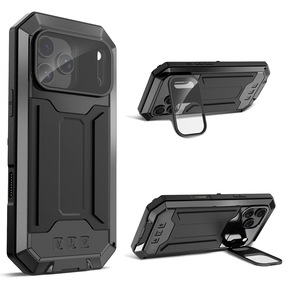 R-JUST For iPhone 17 Pro Case PC + Silicone + Metal Back Cover with Tempered Glass Film - Black