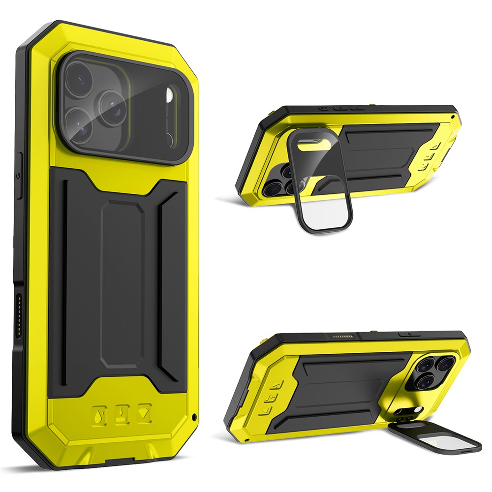 R-JUST For iPhone 17 Pro Max Case PC + Silicone + Metal Back Cover with Tempered Glass Film - Yellow