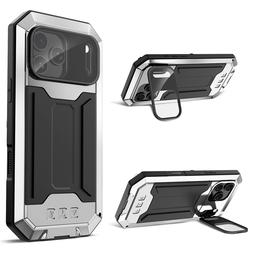 R-JUST For iPhone 17 Pro Max Case PC + Silicone + Metal Back Cover with Tempered Glass Film - Silver