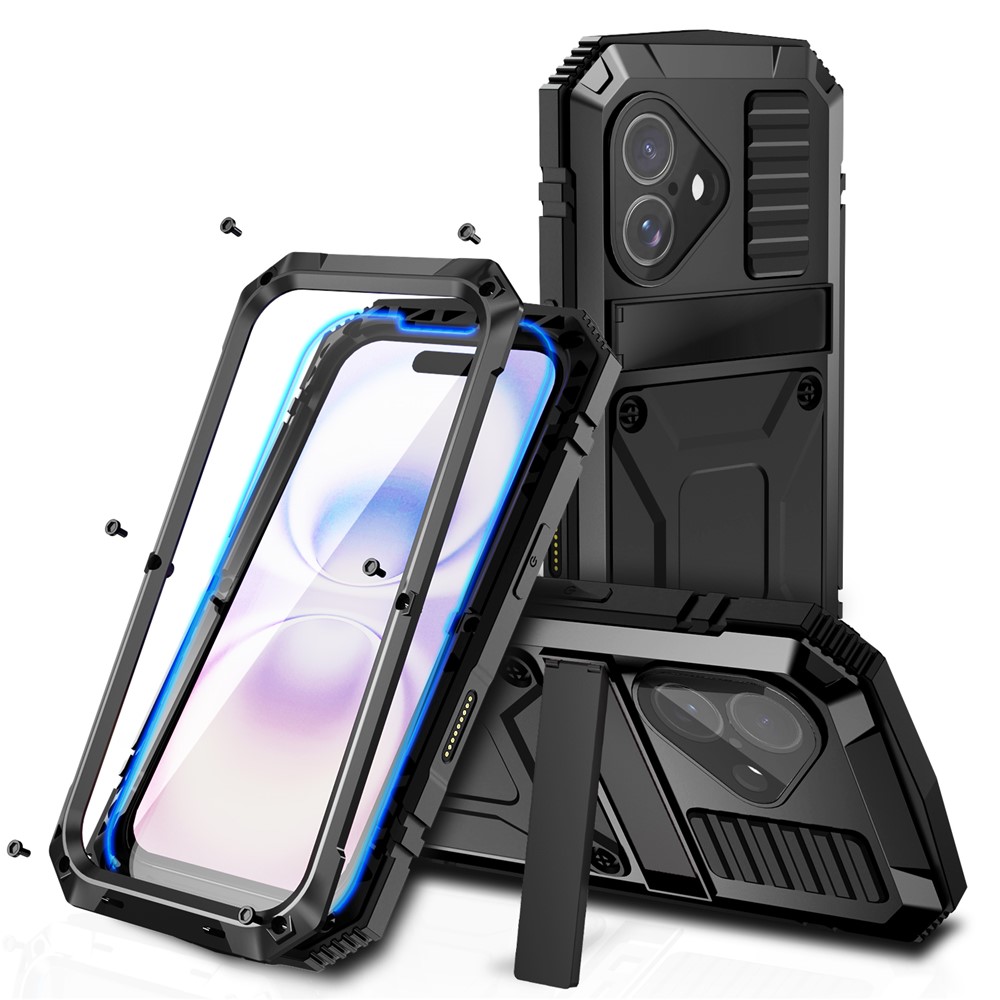 R-JUST For iPhone 17 Case PC + Silicone + Metal Kickstand Phone Cover with Tempered Glass Film - Black