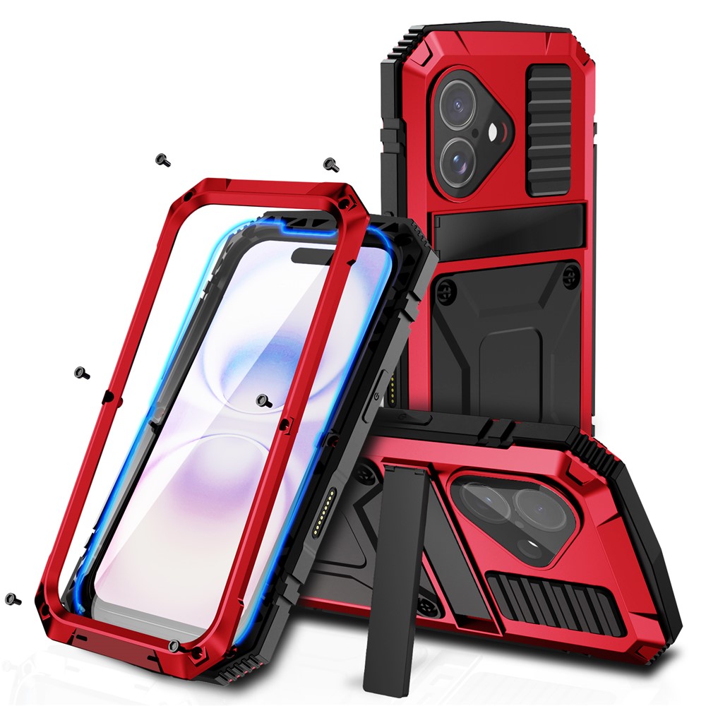 R-JUST For iPhone 17 Case PC + Silicone + Metal Kickstand Phone Cover with Tempered Glass Film - Red