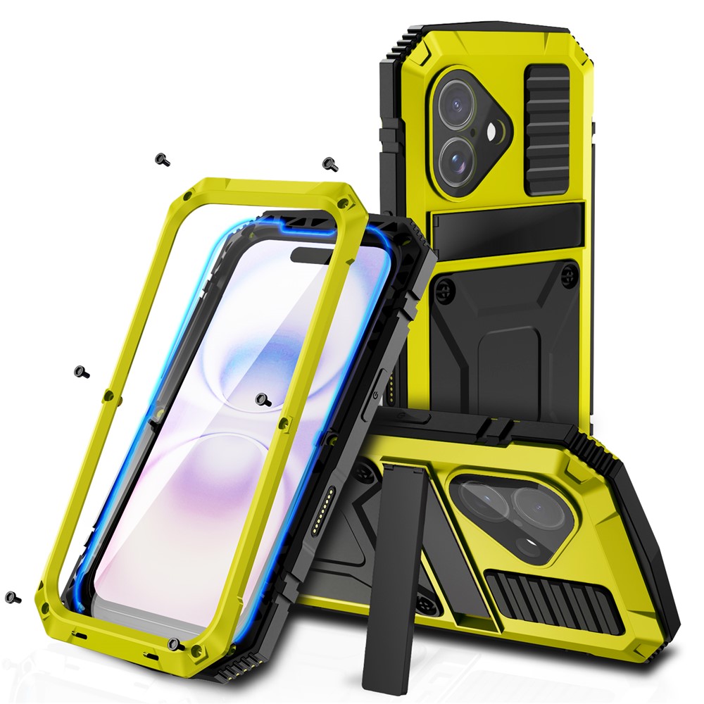 R-JUST For iPhone 17 Case PC + Silicone + Metal Kickstand Phone Cover with Tempered Glass Film - Yellow