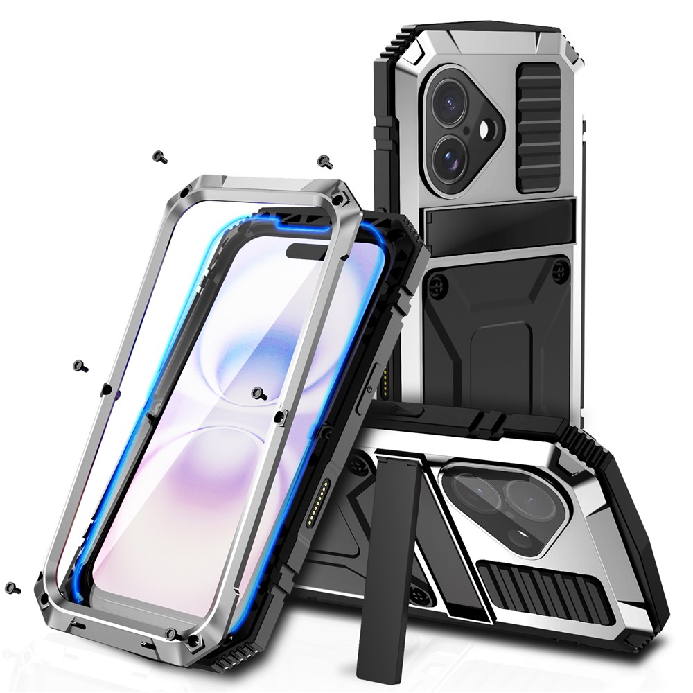 R-JUST For iPhone 17 Case PC + Silicone + Metal Kickstand Phone Cover with Tempered Glass Film - Silver