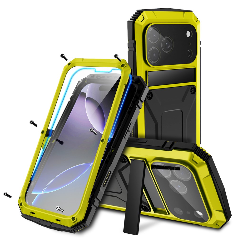 R-JUST For iPhone 17 Pro Case PC + Silicone + Metal Kickstand Phone Cover with Tempered Glass Film - Yellow
