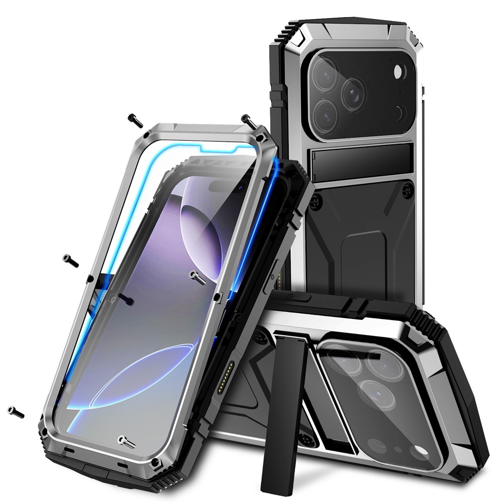 R-JUST For iPhone 17 Pro Case PC + Silicone + Metal Kickstand Phone Cover with Tempered Glass Film - Silver