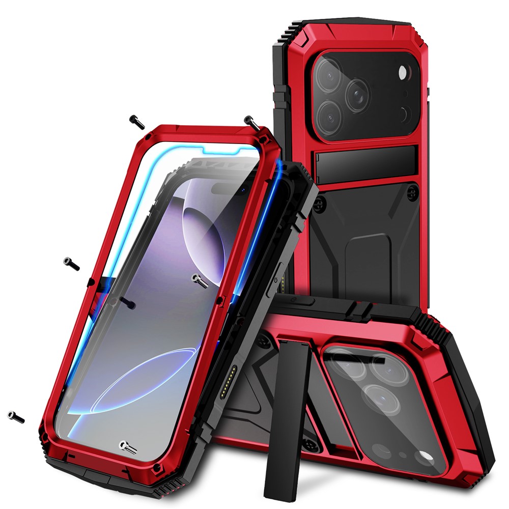 R-JUST For iPhone 17 Pro Max Case PC + Silicone + Metal Kickstand Phone Cover with Tempered Glass Film - Red