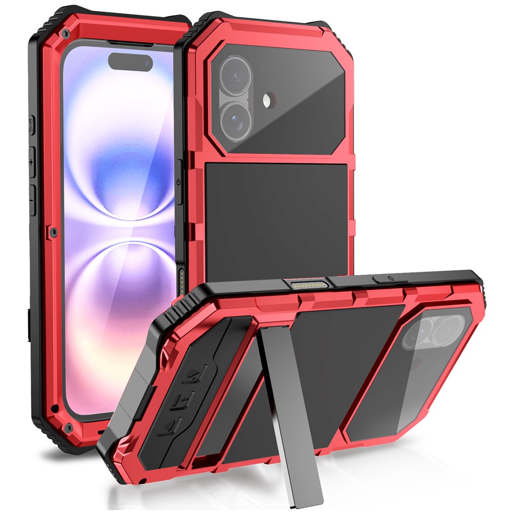 R-JUST For iPhone 17 Case PC + Silicone + Metal Kickstand Phone Cover with Tempered Glass Film - Red
