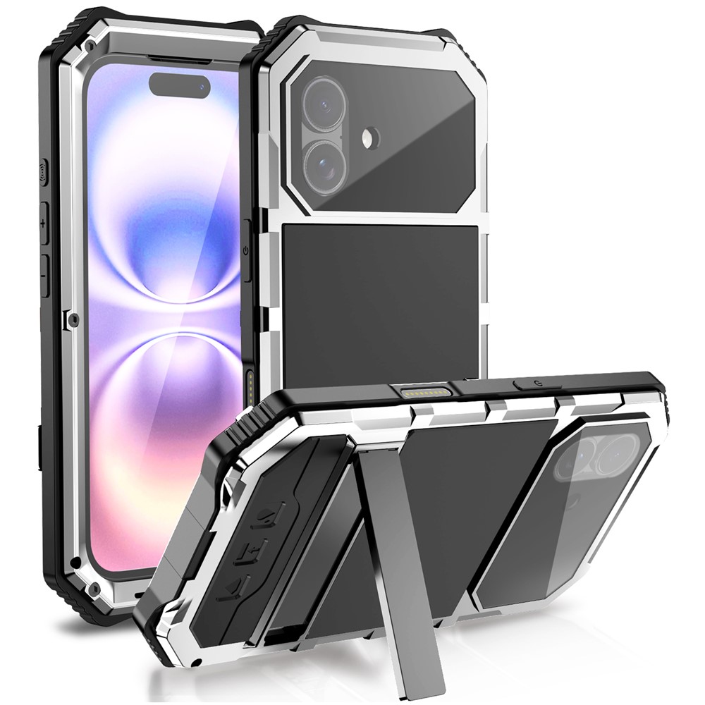 R-JUST For iPhone 17 Case PC + Silicone + Metal Kickstand Phone Cover with Tempered Glass Film - Silver