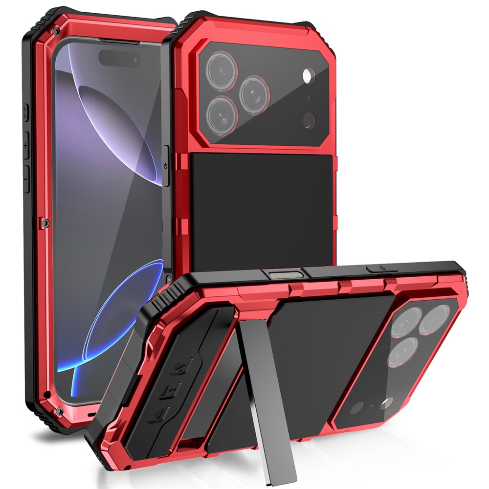 R-JUST For iPhone 17 Pro Max Case PC + Silicone + Metal Kickstand Phone Cover with Tempered Glass Film - Red