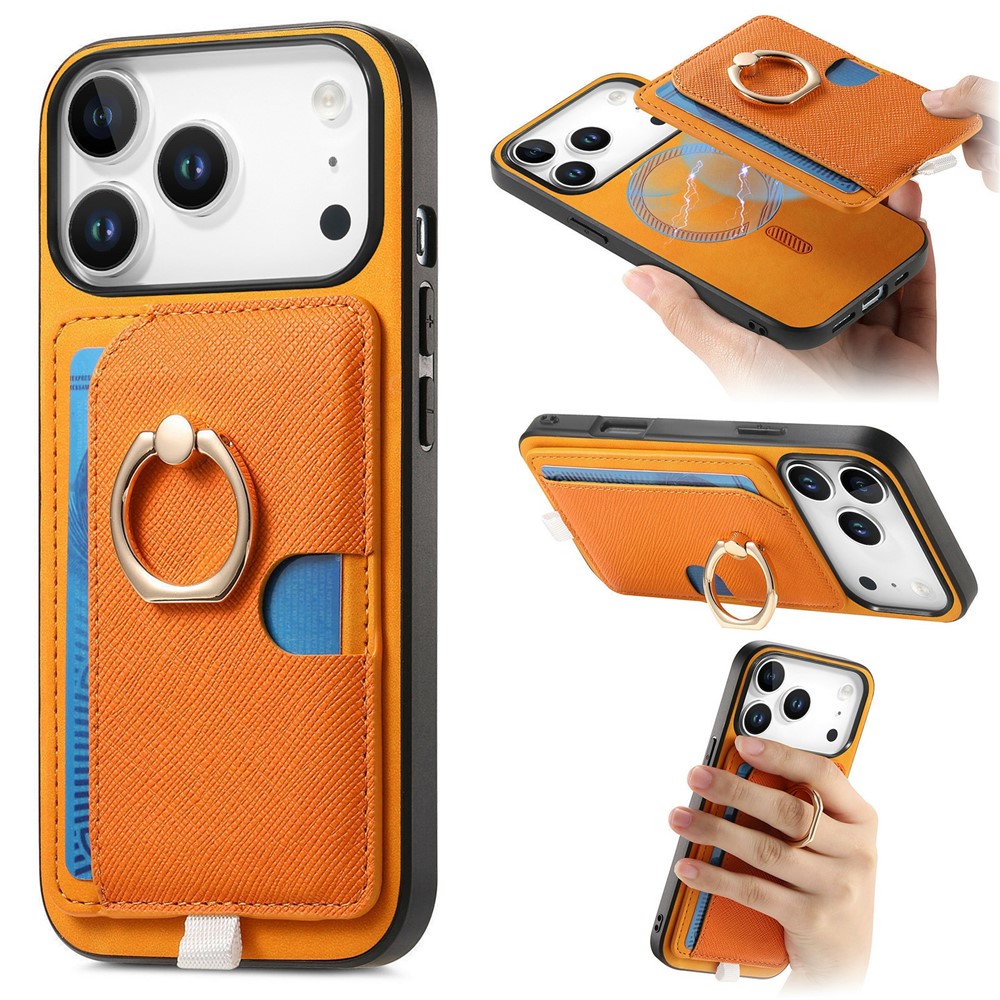 For iPhone 17 Pro Max Case Ring Kickstand Leather + TPU + PC Phone Cover with Detachable Card Holder - Orange