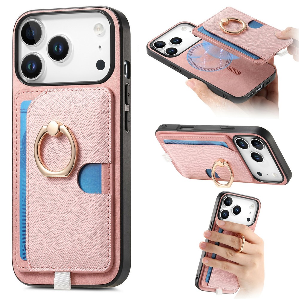 For iPhone 17 Pro Max Case Ring Kickstand Leather + TPU + PC Phone Cover with Detachable Card Holder - Pink