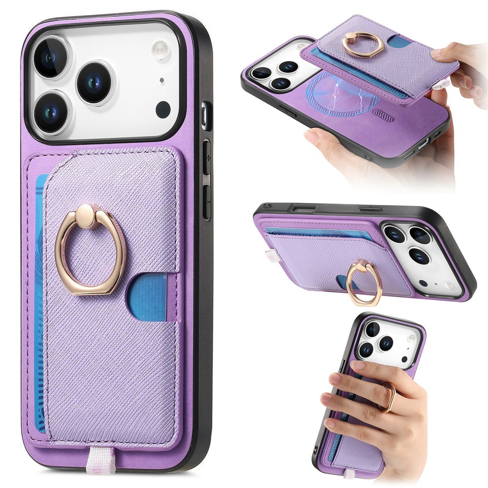 For iPhone 17 Pro Max Case Ring Kickstand Leather + TPU + PC Phone Cover with Detachable Card Holder - Purple