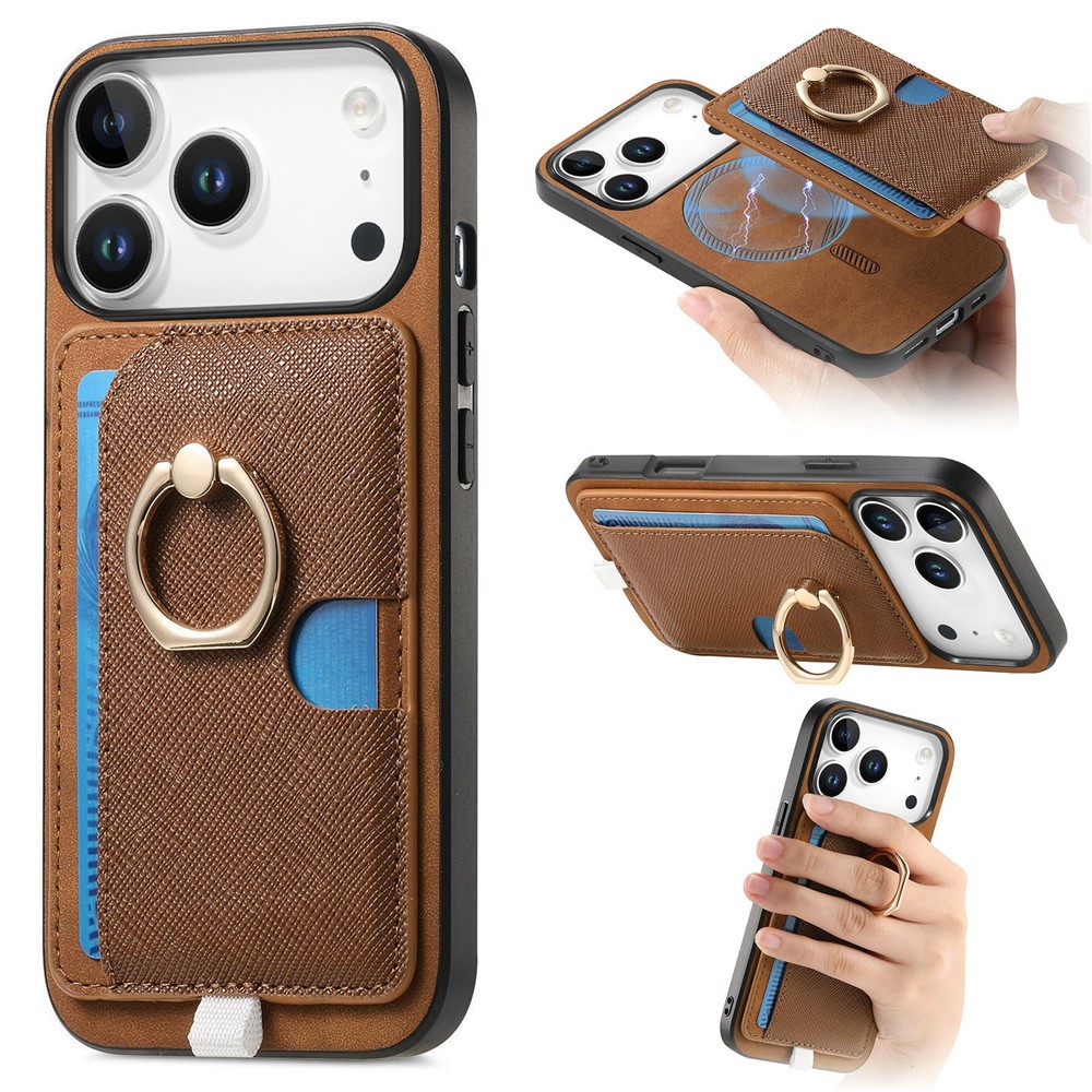 For iPhone 17 Pro Max Case Ring Kickstand Leather + TPU + PC Phone Cover with Detachable Card Holder - Brown