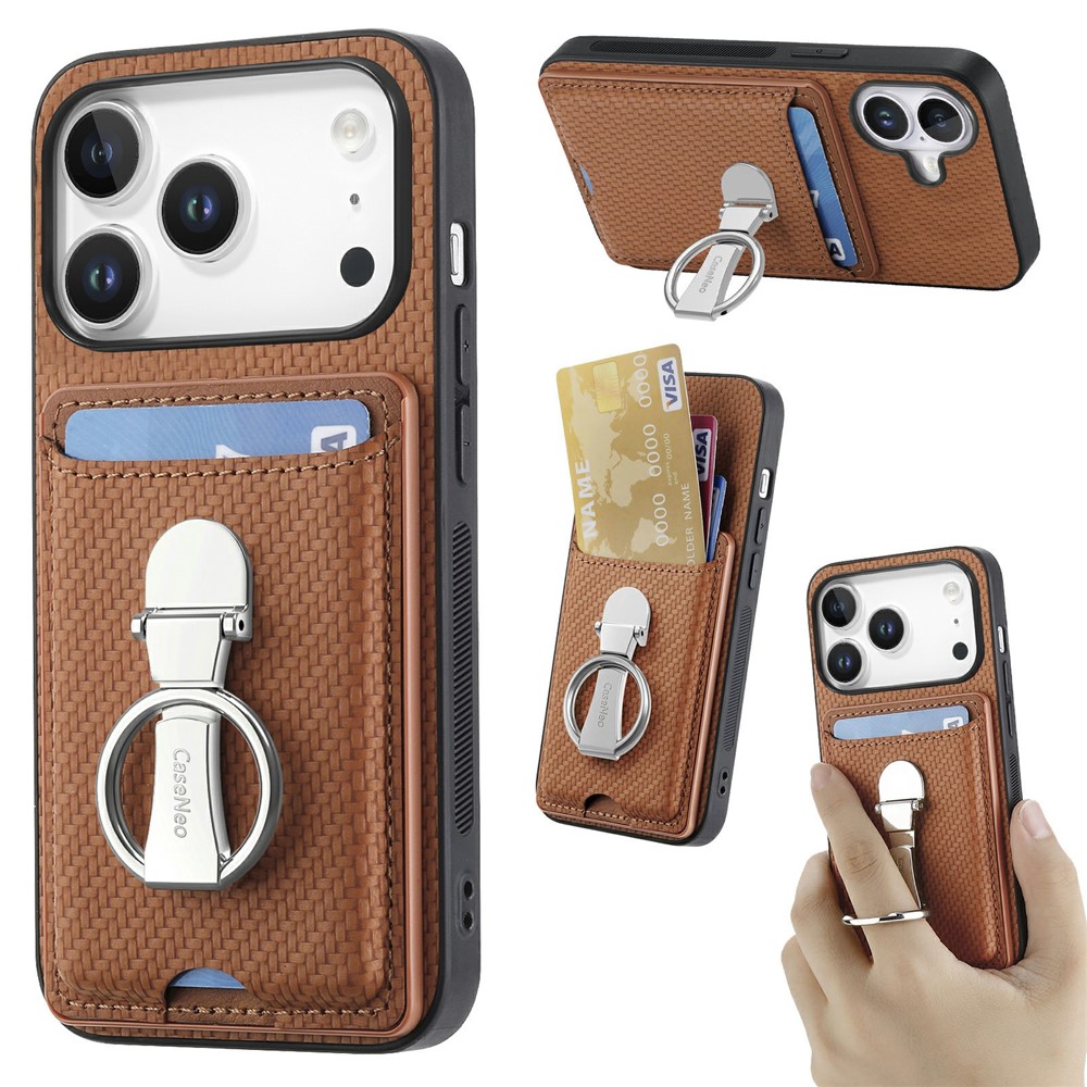 CASENEO C1-19 for iPhone 17 Pro Max Case Folding Kickstand Leather Back Cover Carbon Fiber Texture - Brown