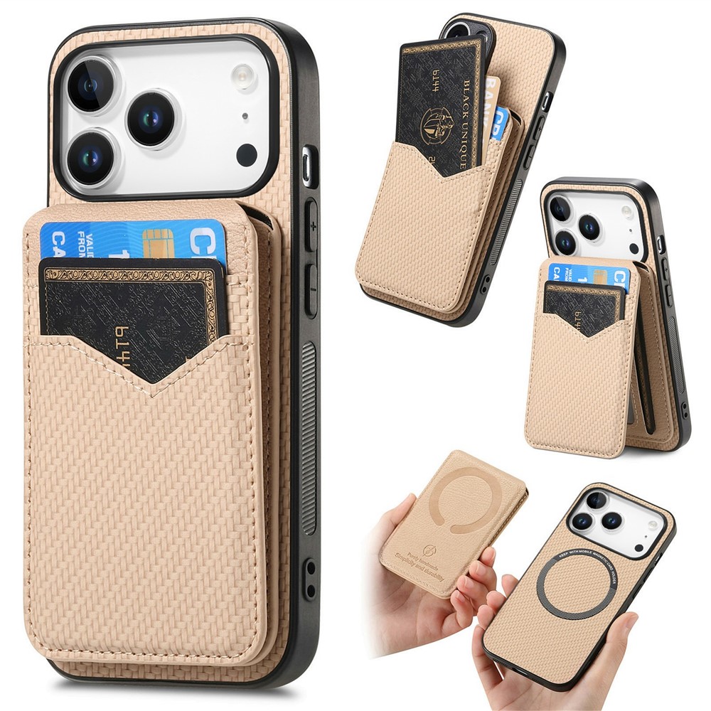 For iPhone 17 Pro Max Magnetic Case Carbon Fiber Texture Back Cover with Detachable Card Holder - Khaki
