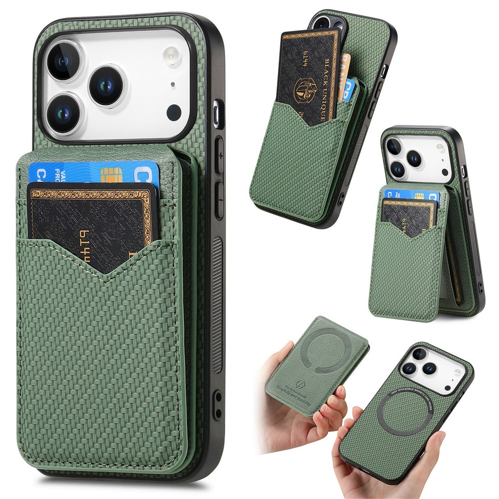 For iPhone 17 Pro Max Magnetic Case Carbon Fiber Texture Back Cover with Detachable Card Holder - Green