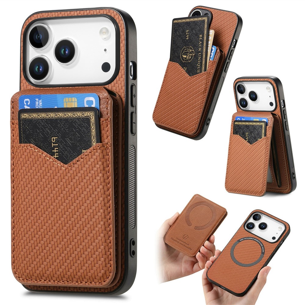 For iPhone 17 Pro Max Magnetic Case Carbon Fiber Texture Back Cover with Detachable Card Holder - Brown