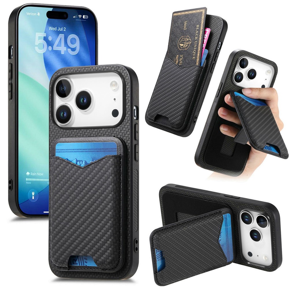 For iPhone 17 Pro Max Case Card Holder Kickstand Carbon Fiber Texture Back Cover - Black