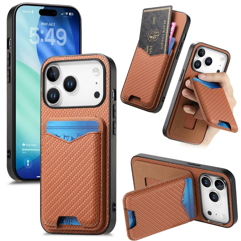 For iPhone 17 Pro Max Case Card Holder Kickstand Carbon Fiber Texture Back Cover - Brown