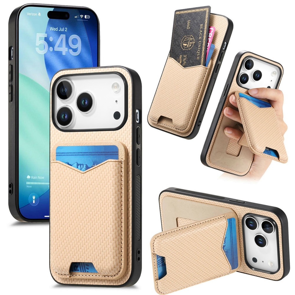 For iPhone 17 Pro Max Case Card Holder Kickstand Carbon Fiber Texture Back Cover - Khaki