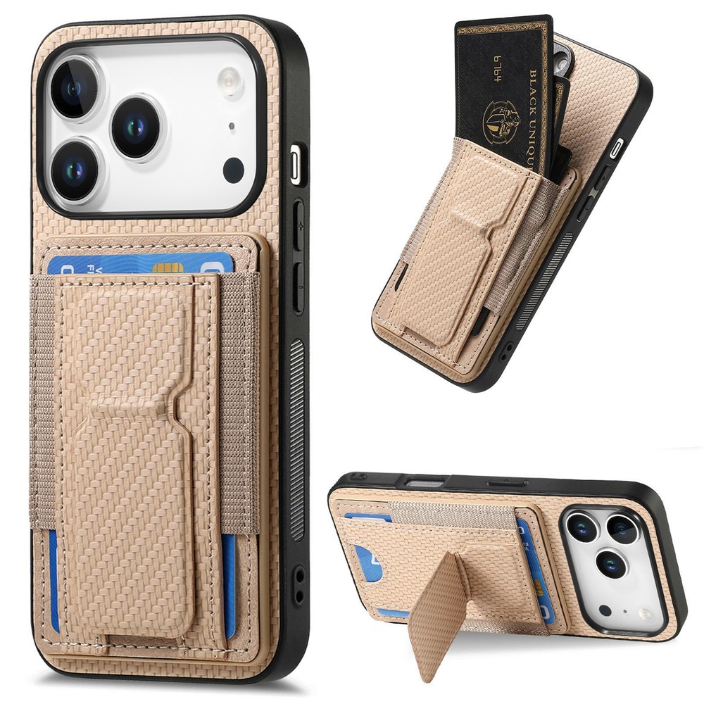 For iPhone 17 Pro Max Case with Card Holder Kickstand Fiber Pattern Leather Back Cover - Beige
