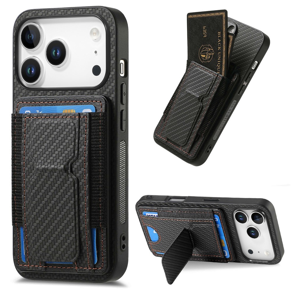 For iPhone 17 Pro Max Case with Card Holder Kickstand Fiber Pattern Leather Back Cover - Black