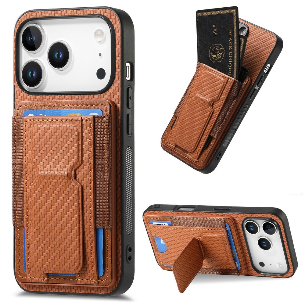 For iPhone 17 Pro Max Case with Card Holder Kickstand Fiber Pattern Leather Back Cover - Brown