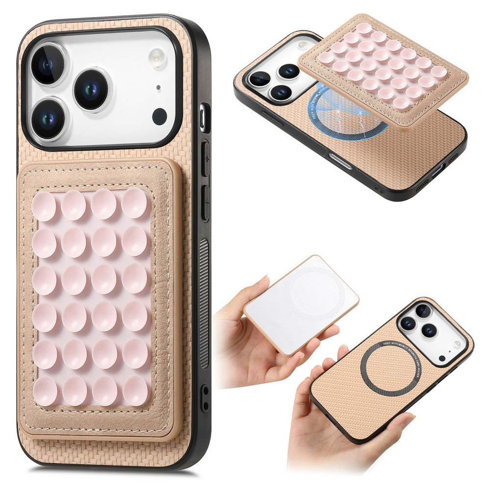 For iPhone 17 Pro Max Case Carbon Fiber Texture Leather Back Cover with Magnetic Detachable Suction Cup - Apricot