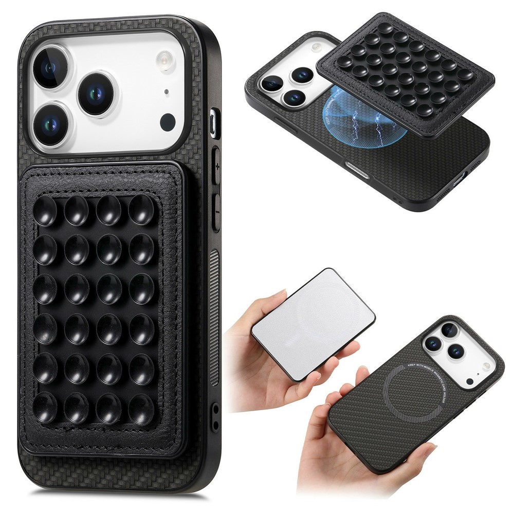 For iPhone 17 Pro Max Case Carbon Fiber Texture Leather Back Cover with Magnetic Detachable Suction Cup - Black