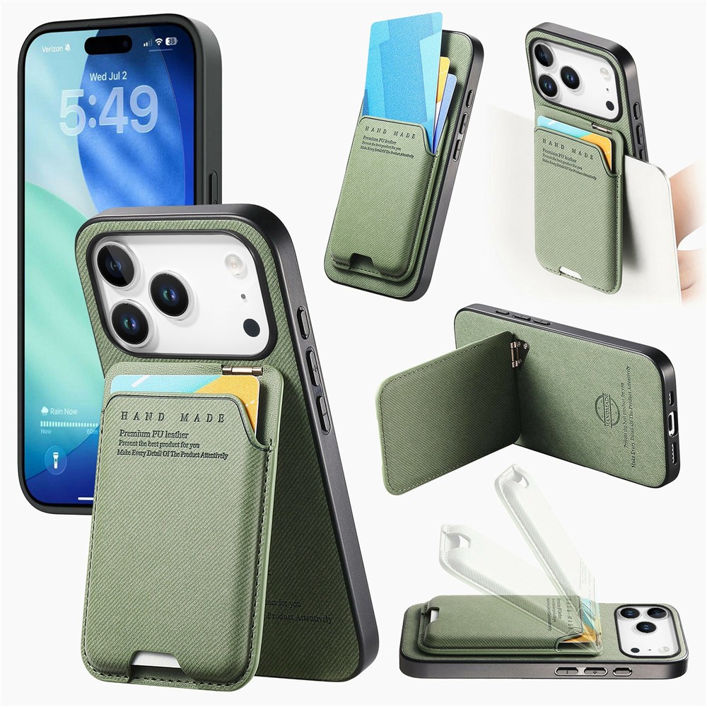 For iPhone 17 Pro Max Case Cloth Texture Leather + PC + TPU Phone Cover with Card Holder Kickstand - Green