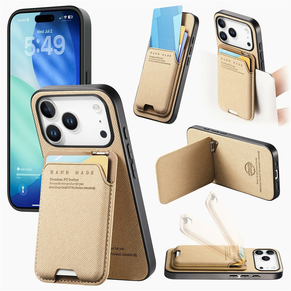 For iPhone 17 Pro Max Case Cloth Texture Leather + PC + TPU Phone Cover with Card Holder Kickstand - Khaki