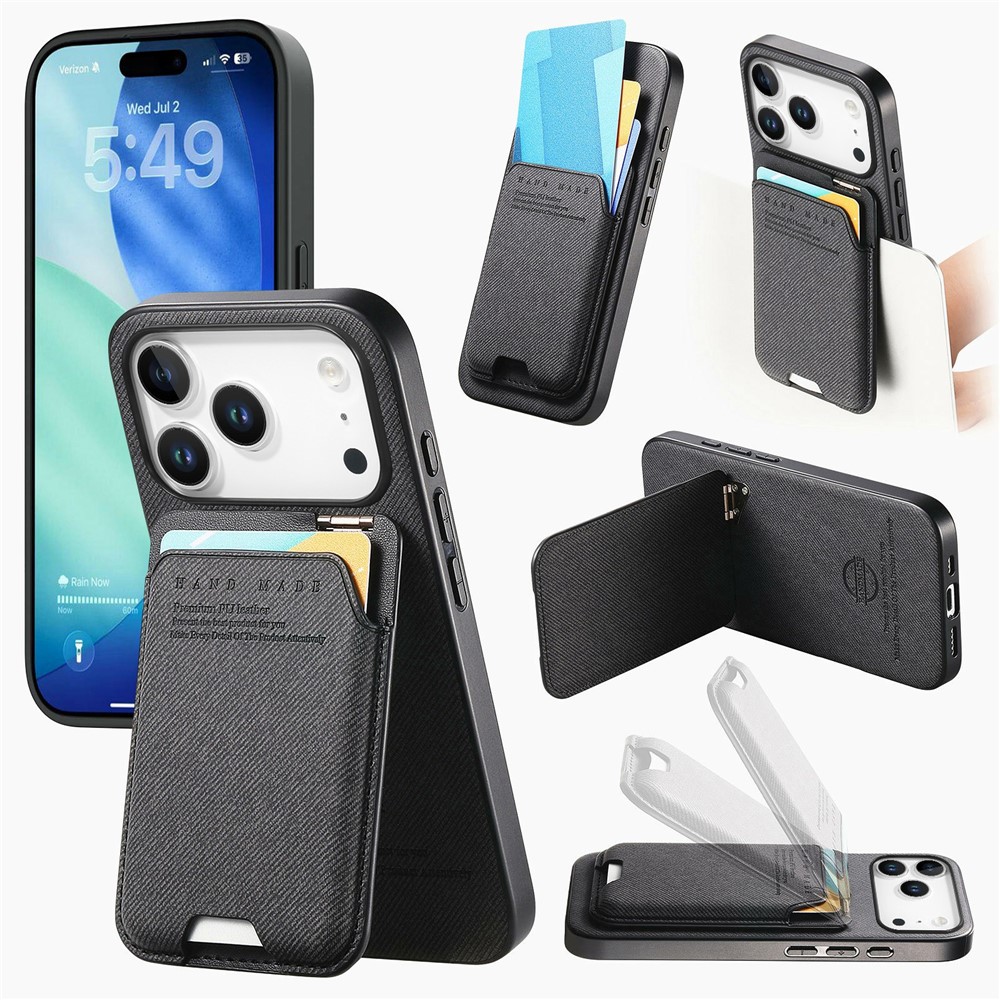 For iPhone 17 Pro Max Case Cloth Texture Leather + PC + TPU Phone Cover with Card Holder Kickstand - Black