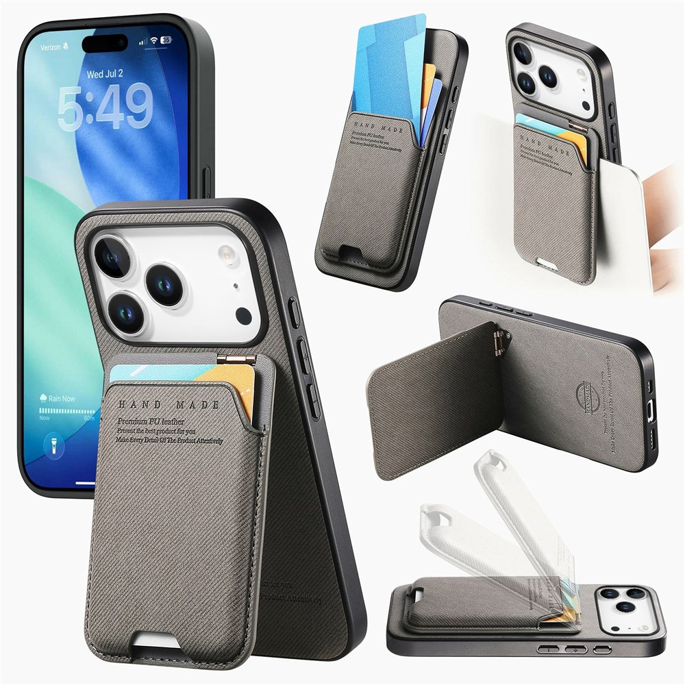 For iPhone 17 Pro Max Case Cloth Texture Leather + PC + TPU Phone Cover with Card Holder Kickstand - Grey