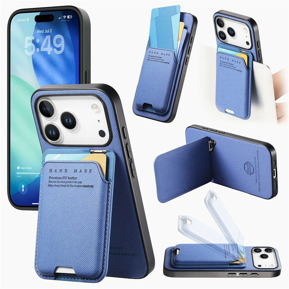 For iPhone 17 Pro Max Case Cloth Texture Leather + PC + TPU Phone Cover with Card Holder Kickstand - Blue