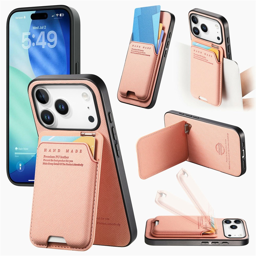 For iPhone 17 Pro Max Case Cloth Texture Leather + PC + TPU Phone Cover with Card Holder Kickstand - Pink
