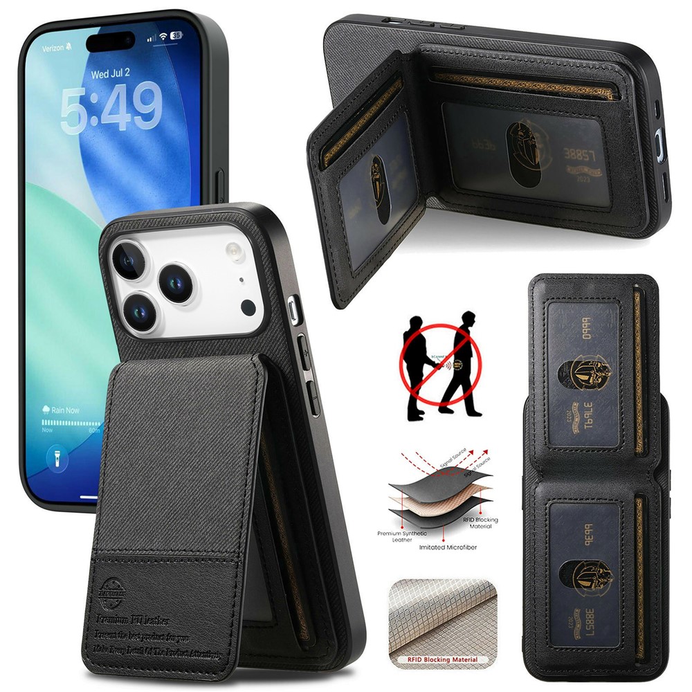 For iPhone 17 Pro Max Case Cloth Texture Leather + PC + TPU RFID Blocking Phone Cover with Card Holder - Black