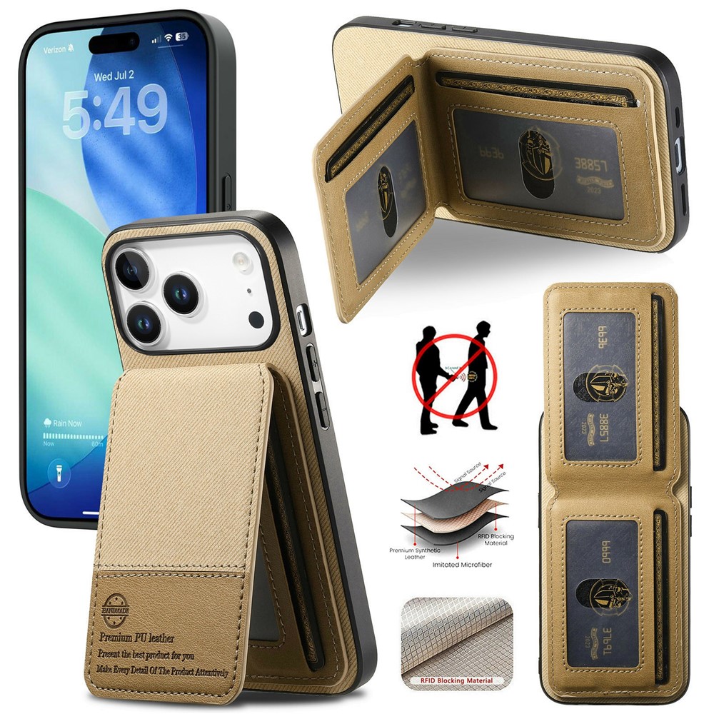 For iPhone 17 Pro Max Case Cloth Texture Leather + PC + TPU RFID Blocking Phone Cover with Card Holder - Khaki