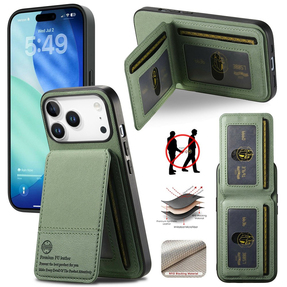 For iPhone 17 Pro Max Case Cloth Texture Leather + PC + TPU RFID Blocking Phone Cover with Card Holder - Green