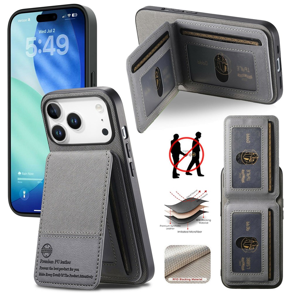 For iPhone 17 Pro Max Case Cloth Texture Leather + PC + TPU RFID Blocking Phone Cover with Card Holder - Grey