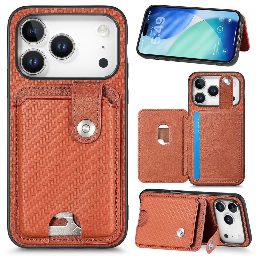 For iPhone 17 Pro Max Case Card Slots Kickstand Phone Back Cover with Card Tool - Brown