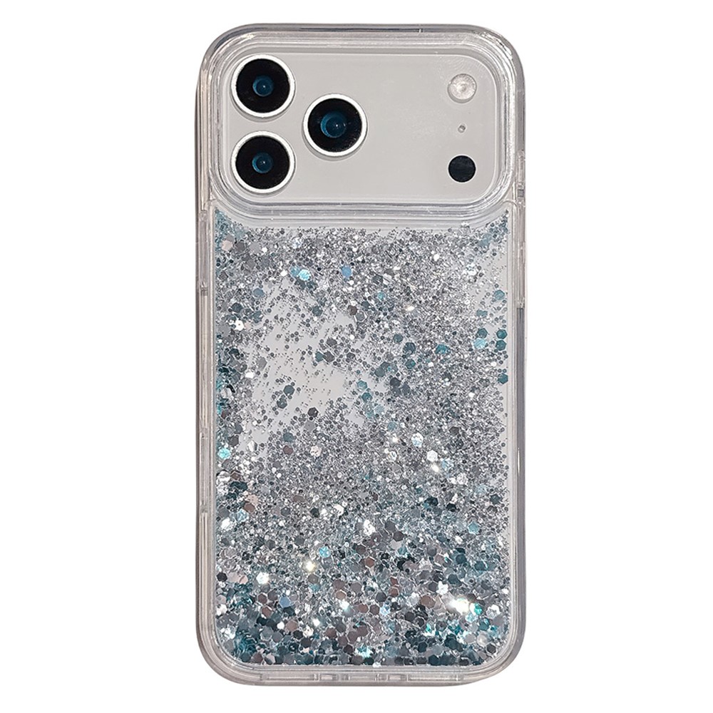 For iPhone 17 Pro Max Case Silver-blue Glitter Liquid Quicksand TPU + PC Phone Cover