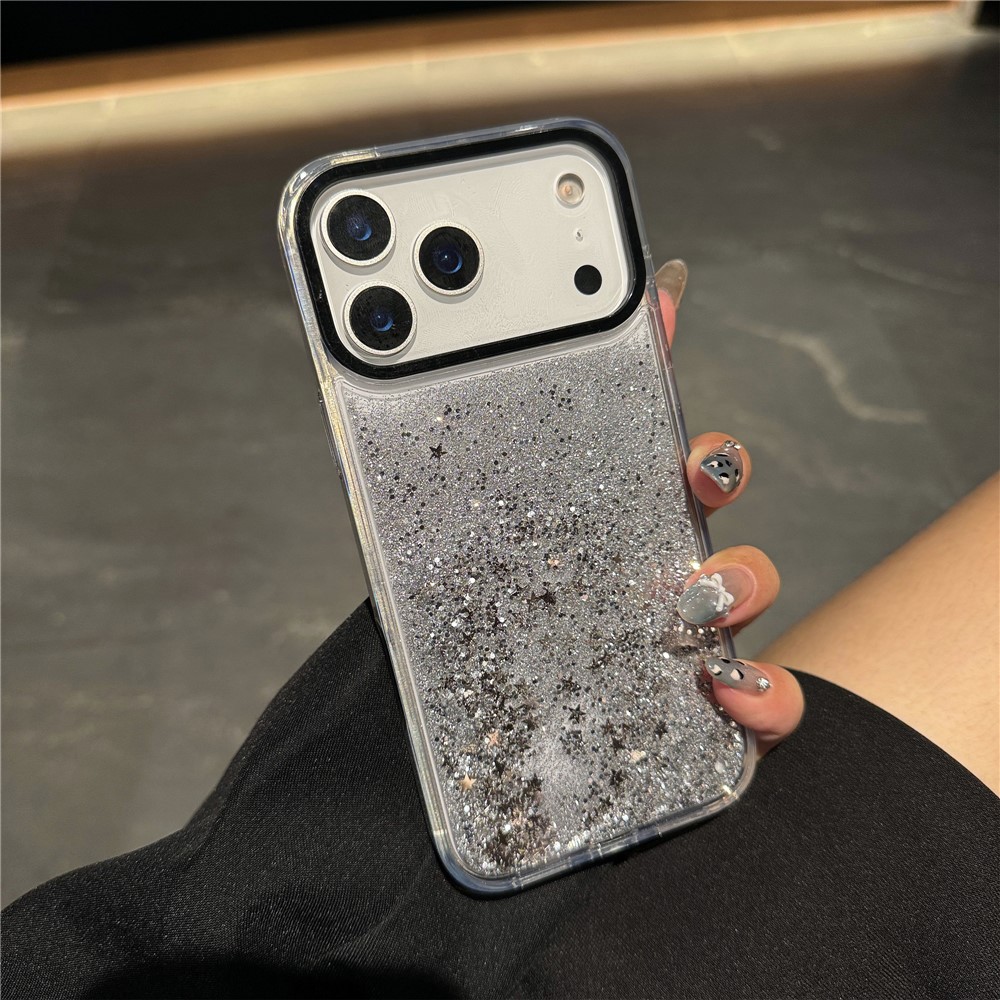 For iPhone 17 Pro Case Dynamic Liquid Glitter Soft TPU Hard PC Back Phone Cover - Silver Stars